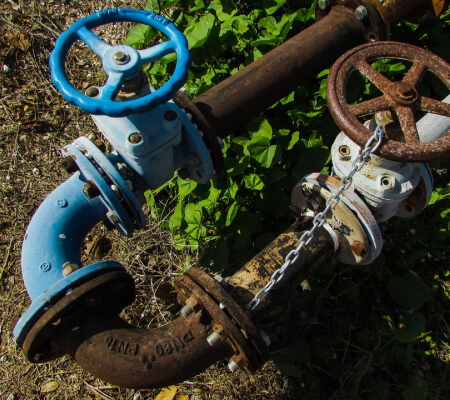 Outdoor plumbing valve and pipe assembly surrounded by soil and vegetation